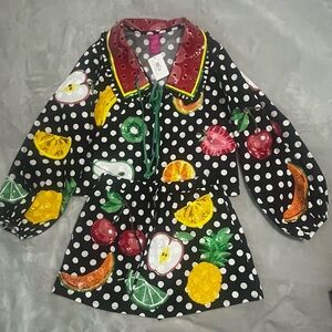 QUEEN OF SPARKLES Black Polka Dot Fruit-Print Skirt set with Multicolor Accents